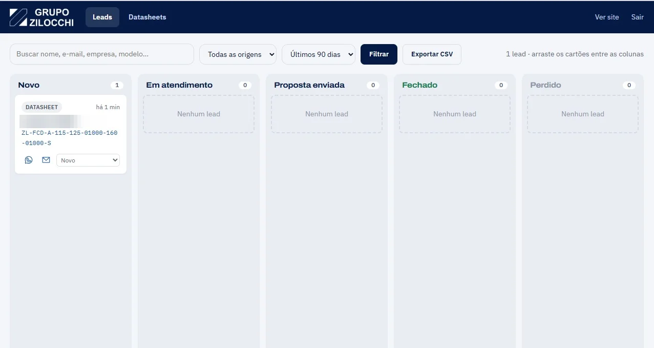 Painel de leads do Grupo Zilocchi em colunas: novo, em atendimento, proposta enviada, fechado e perdido, com um lead vindo de datasheet. O nome do contato está oculto.